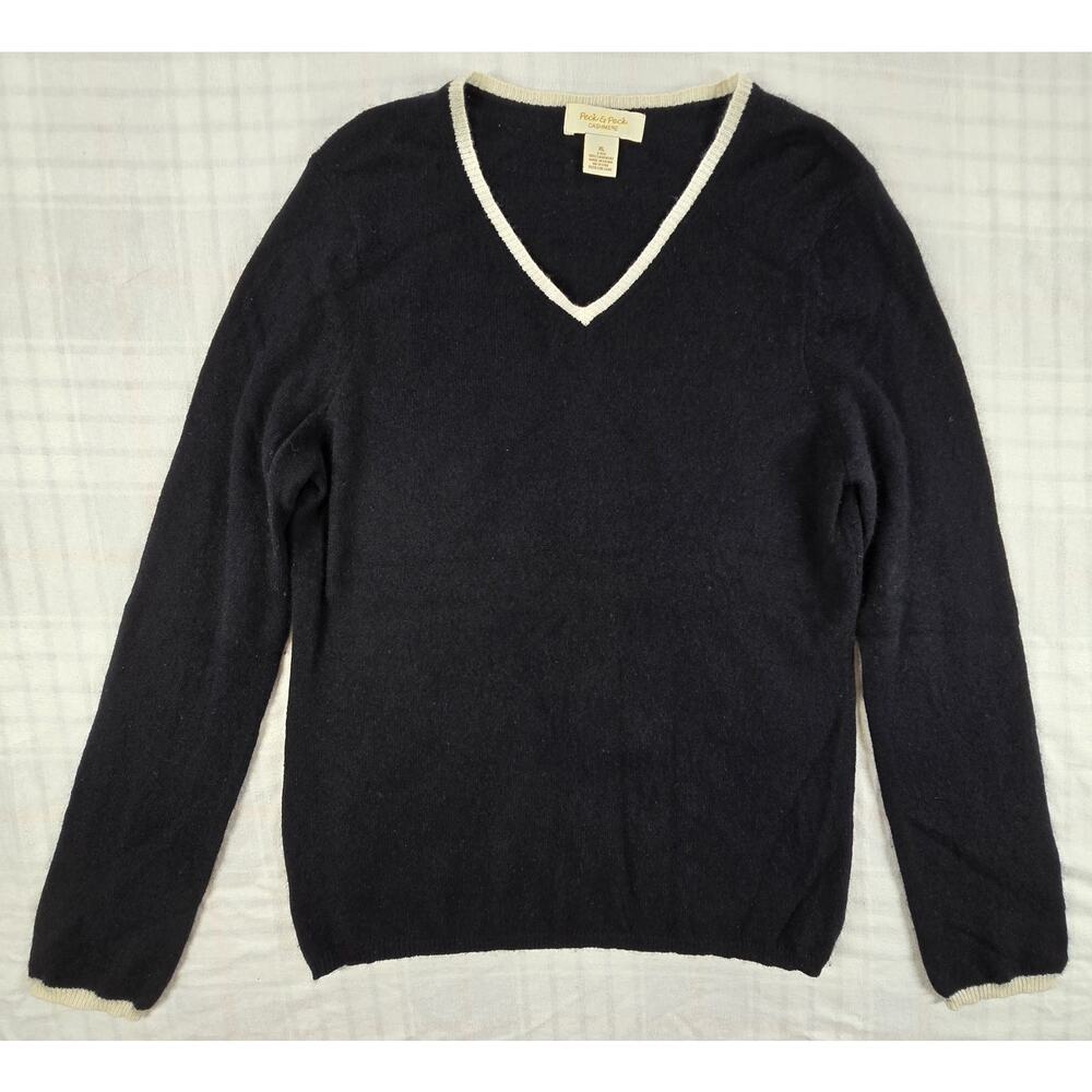 Peck & Peck Womens 2 Ply Cashmere V Neck Sweater Black w/Ivory Trim XL